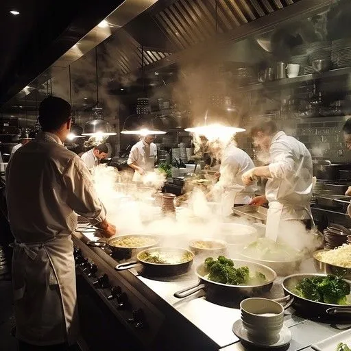 Equipo de cocineros en cocina profesional de restaurante