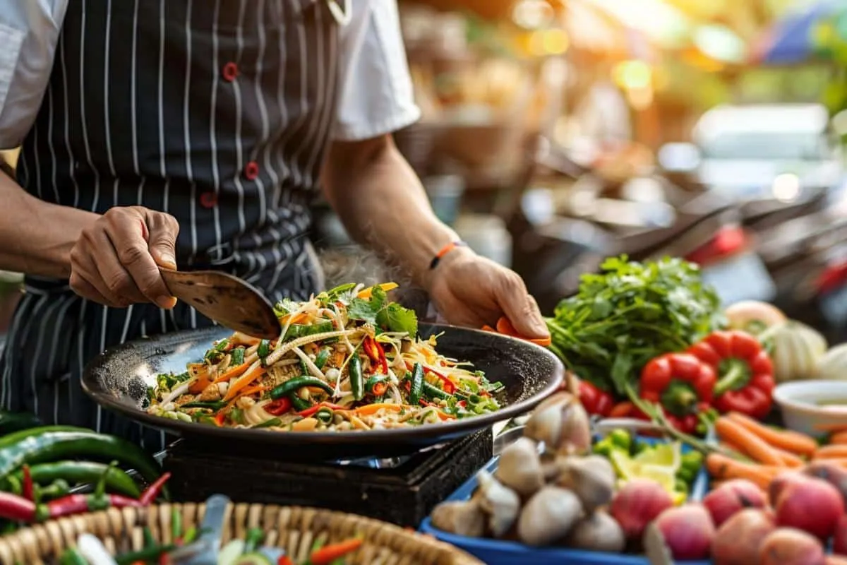 Chef manipulando alimentos frescos con buenas prácticas de higiene