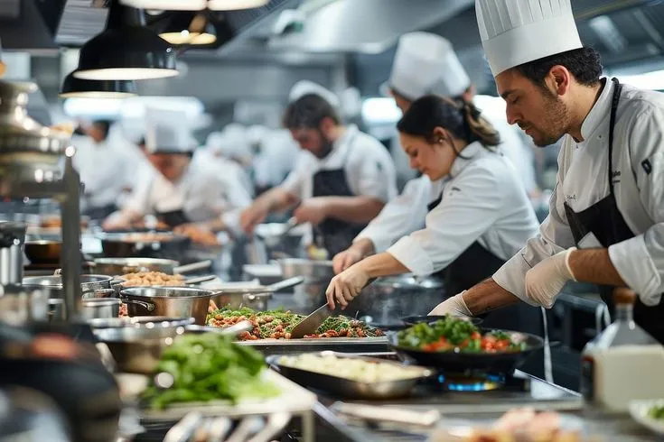 Equipo de cocineros profesionales trabajando en cocina de restaurante