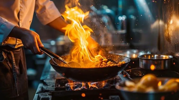 Cocinero profesional trabajando en cocina de restaurante