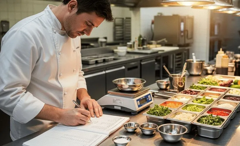 Chef revisando documentación y control de alimentos en cocina profesional