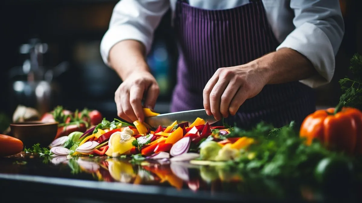 Chef cortando verduras frescas y coloridas, buenas prácticas de manipulación de alimentos