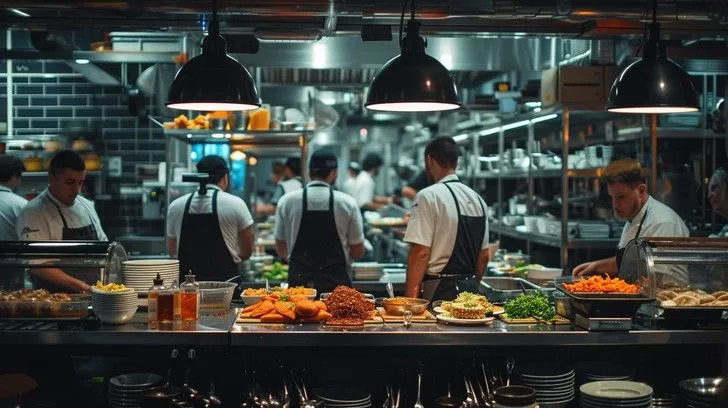 Cocina de restaurante con platos preparados y equipo trabajando