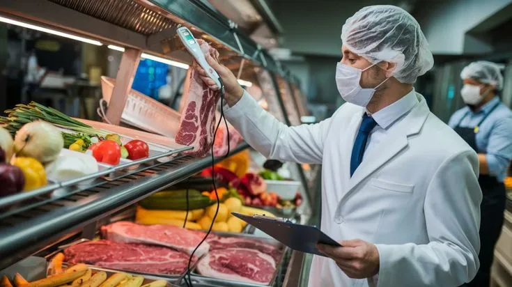 Inspector controlando la temperatura de productos cárnicos en comercio alimentario